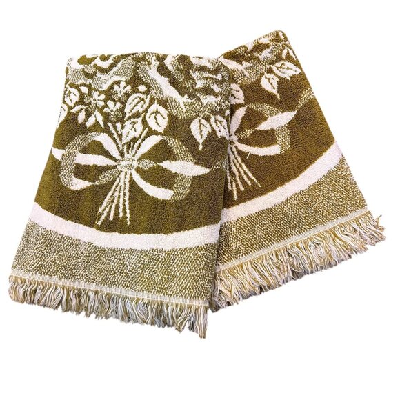 Sears Bath Towels USA Set of 2 MCM 70s Green Sculpted Floral Tapestry Fringe - Picture 2 of 13